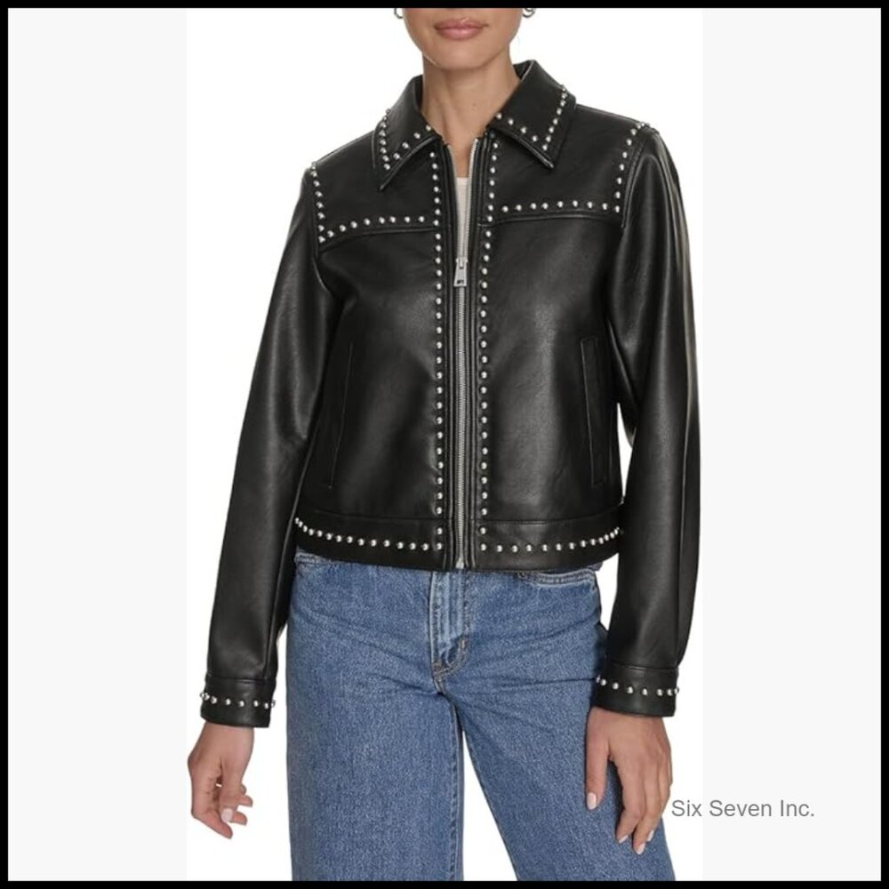 Faux Leather Studded Jacket With Zip Front And Pockets
